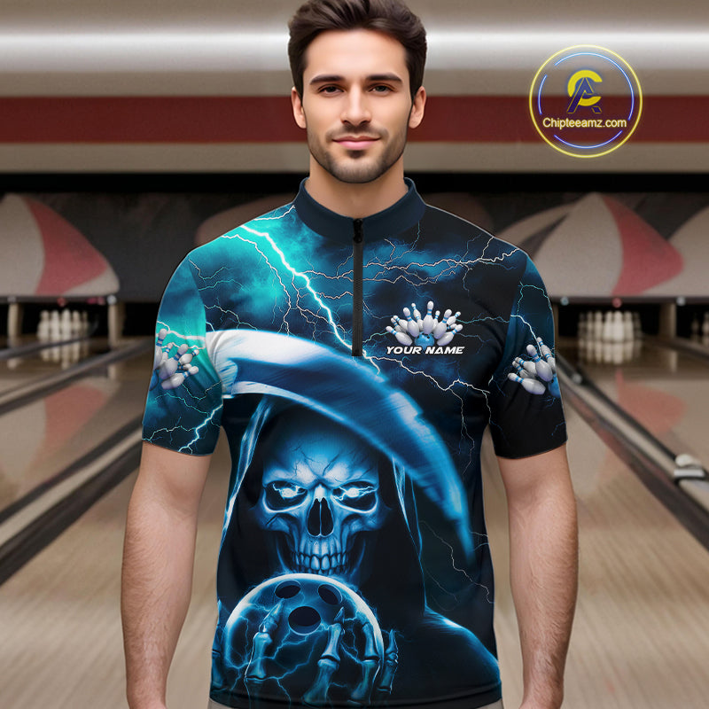 Custom Blue Thunder Lightning Grim Reaper Skull Halloween Bowling Quarter-Zip Shirts For Men IPHW9851