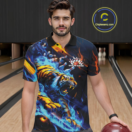Custom Blue Fire Flame Tiger Bowling Team Polo Shirts For Men, Tiger Bowling Jerseys IPHW9482