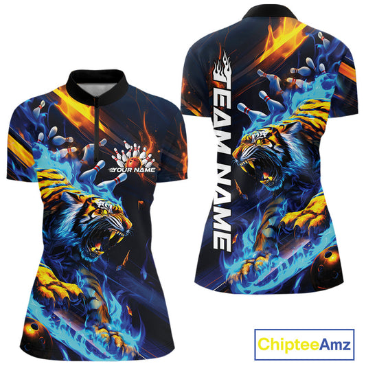 Custom Blue Fire Flame Tiger Bowling Team Women Quarter-Zip Shirts, Tiger Bowling Jerseys IPHW9482