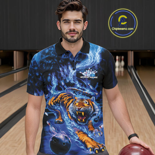 Custom Blue Fire Flame Tiger Bowling Team Polo Shirts For Men, Tiger Bowling Jerseys IPHW9484