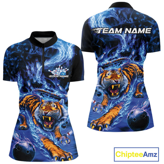 Custom Blue Fire Flame Tiger Bowling Team Women Quarter-Zip Shirts, Tiger Bowling Jerseys IPHW9484