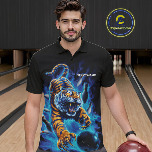 Custom Blue Fire Flame Tiger Bowling Team Polo Shirts For Men, Tiger Bowling Jerseys IPHW9485