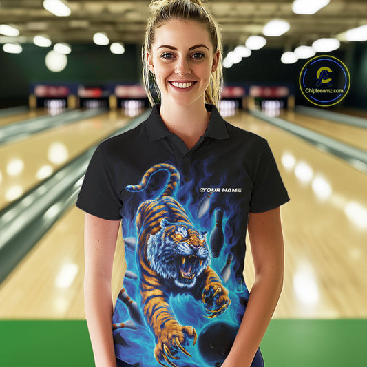 Custom Blue Fire Flame Tiger Bowling Team Polo Shirts For Women, Tiger Bowling Jerseys IPHW9485