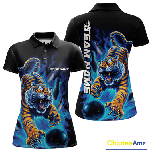 Custom Blue Fire Flame Tiger Bowling Team Polo Shirts For Women, Tiger Bowling Jerseys IPHW9485