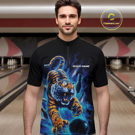 Custom Blue Fire Flame Tiger Bowling Team Quarter-Zip Shirts For Men, Tiger Bowling Jerseys IPHW9485