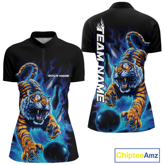 Custom Blue Fire Flame Tiger Bowling Team Women Quarter-Zip Shirts, Tiger Bowling Jerseys IPHW9485