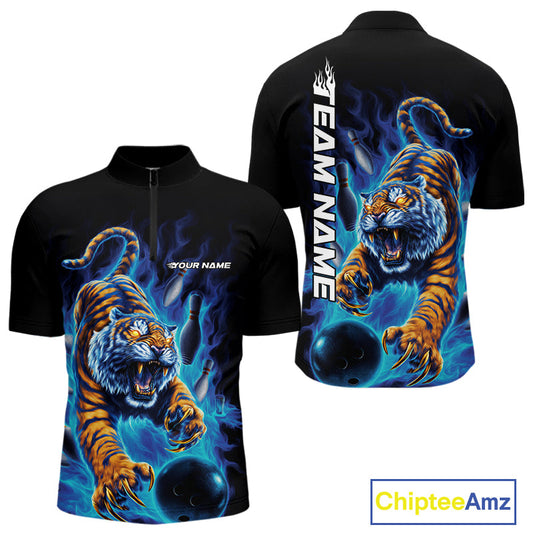 Custom Blue Fire Flame Tiger Bowling Team Quarter-Zip Shirts For Men, Tiger Bowling Jerseys IPHW9485