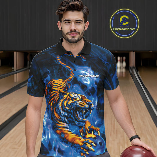 Custom Blue Fire Flame Tiger Bowling Team Polo Shirts For Men, Tiger Bowling Jerseys IPHW9486
