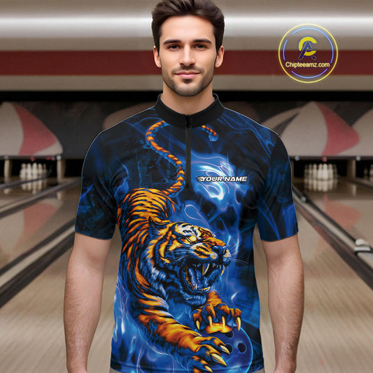 Custom Blue Fire Flame Tiger Bowling Team Quarter-Zip Shirts For Men, Tiger Bowling Jerseys IPHW9486