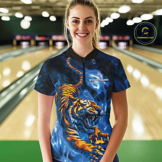 Custom Blue Fire Flame Tiger Bowling Team Women Quarter-Zip Shirts, Tiger Bowling Jerseys IPHW9486