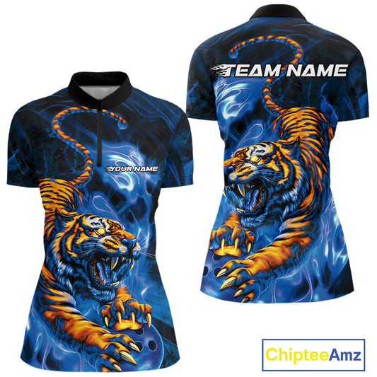 Custom Blue Fire Flame Tiger Bowling Team Women Quarter-Zip Shirts, Tiger Bowling Jerseys IPHW9486