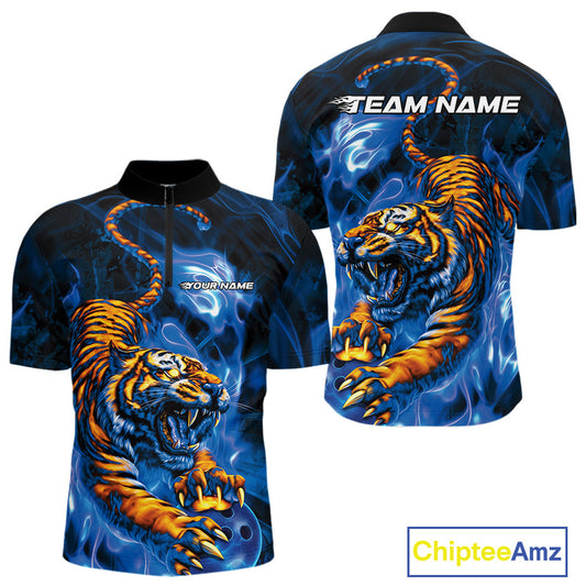 Custom Blue Fire Flame Tiger Bowling Team Quarter-Zip Shirts For Men, Tiger Bowling Jerseys IPHW9486