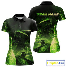 Load image into Gallery viewer, Custom Green Fire Flame Grim Reaper Bowling Women Polo Shirts, Halloween Bowlers Outfit IPHW9712
