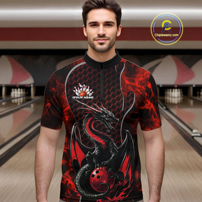Custom Black And Red Fire Flame Dragon Bowling Quarter-Zip Shirt For Men, Dragon Bowling Jersey IPHW9864