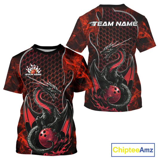 Custom Black And Red Fire Flame Dragon Bowling T-Shirts For Men, Dragon Bowling Jersey IPHW9864