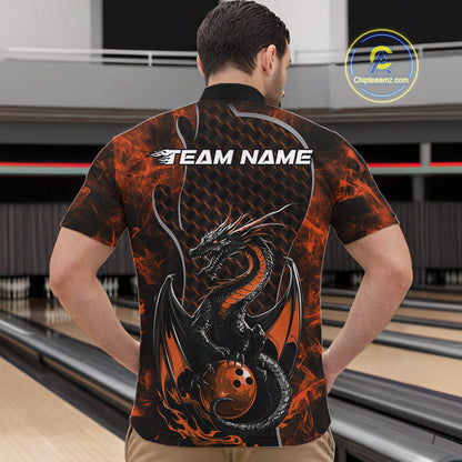 Custom Black And Orange Fire Flame Dragon Bowling Men Quarter-Zip Shirt, Dragon Bowling Jersey IPHW9867