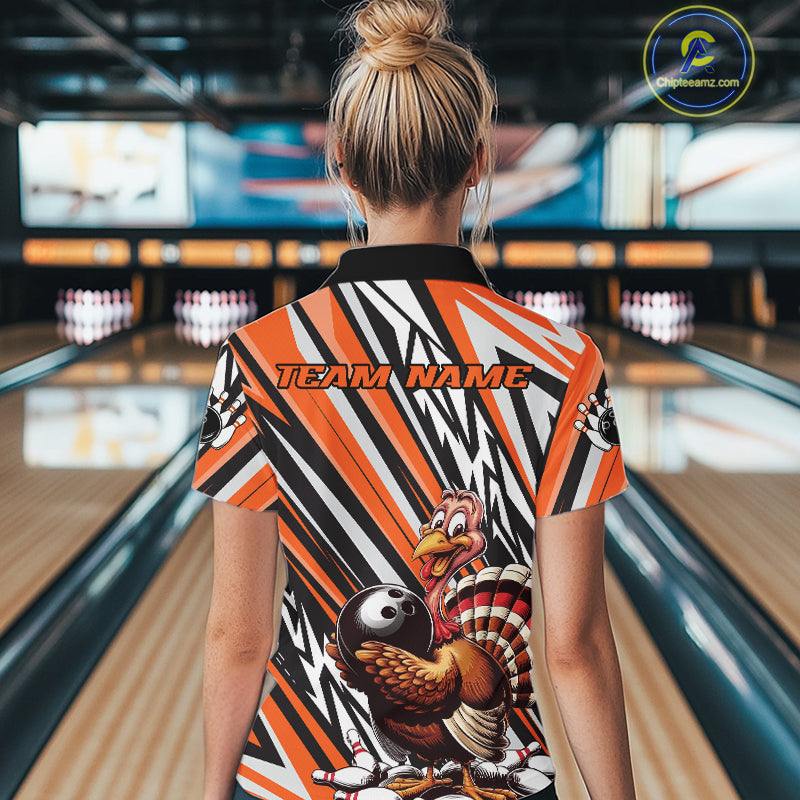 Custom Orange Funny Thanksgiving Turkey Bowling Women Quarter-Zip Shirts, Bowling Jerseys IPHW9721