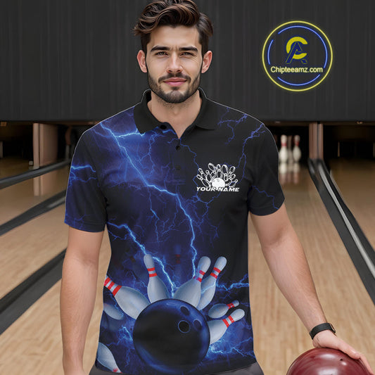 Custom Blue Thunder Lightning Bowling Ball And Pins Polo Shirts For Men, Team Uniform IPHW9506