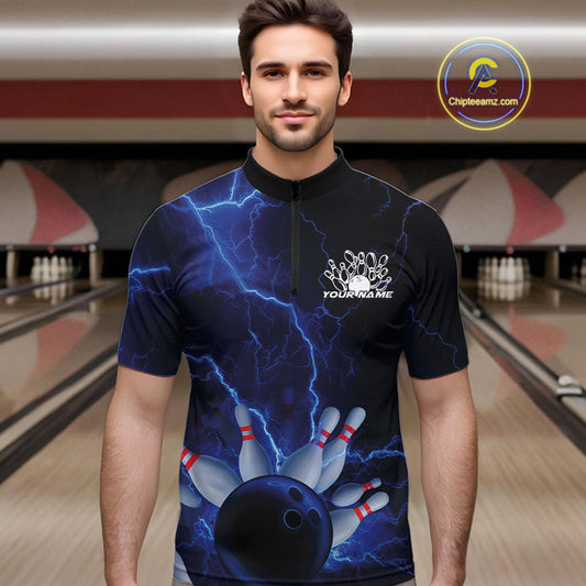 Custom Blue Thunder Lightning Bowling Ball And Pins Quarter-Zip Shirts For Men, Team Uniform IPHW9506