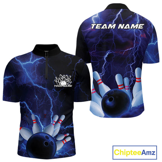 Custom Blue Thunder Lightning Bowling Ball And Pins Quarter-Zip Shirts For Men, Team Uniform IPHW9506