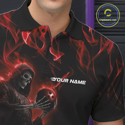Custom Red Flame Grim Reaper Bowling Polo Shirts For Men, Halloween Bowling Outfit IPHW9730