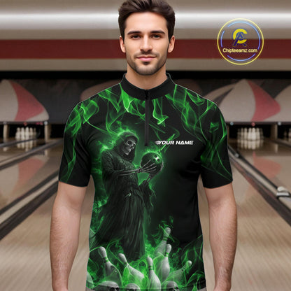 Custom Green Flame Grim Reaper Bowling Quarter-Zip Shirts For Men, Halloween Bowling Outfit IPHW9731