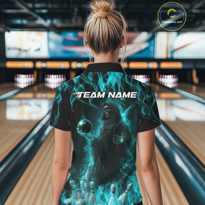 Custom Turquoise Blue Flame Grim Reaper Bowling Women Polo Shirts, Halloween Outfit IPHW9733
