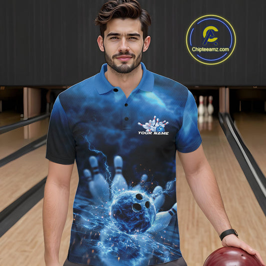 Custom Blue Thunder Lightning Bowling Team Men Polo Shirts, Bowling Jerseys IPHW9747
