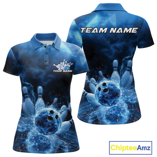 Custom Blue Thunder Lightning Bowling Team Women Polo Shirts, Bowling Jerseys IPHW9747