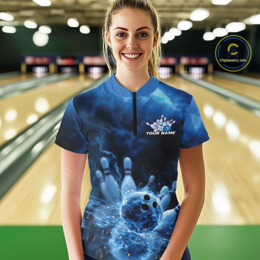 Custom Blue Thunder Lightning Bowling Team Women Quarter-Zip Shirts, Bowling Jerseys IPHW9747