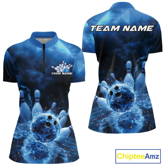 Custom Blue Thunder Lightning Bowling Team Women Quarter-Zip Shirts, Bowling Jerseys IPHW9747