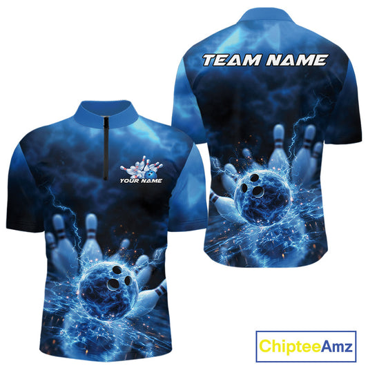 Custom Blue Thunder Lightning Bowling Team Men Quarter-Zip Shirts, Bowling Jerseys IPHW9747