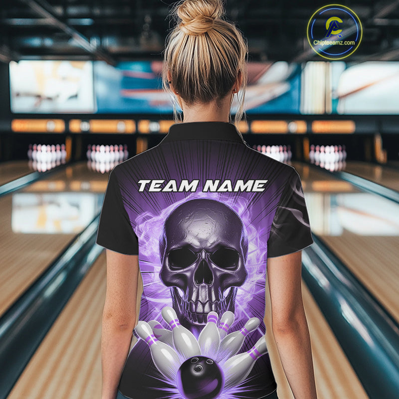 Custom Purple Glowing Ghostly Skull Bowling Women Polo Shirt, Halloween Bowlers Outfit IPHW9517