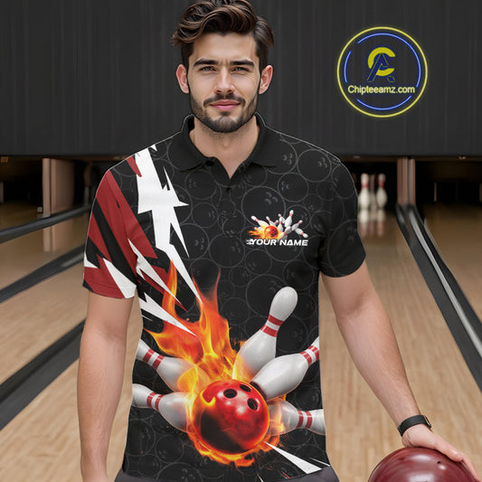 Custom Fiery Red Bowling Men Polo Shirts, Inferno Flame Bowling Team League Shirt IPHW9526