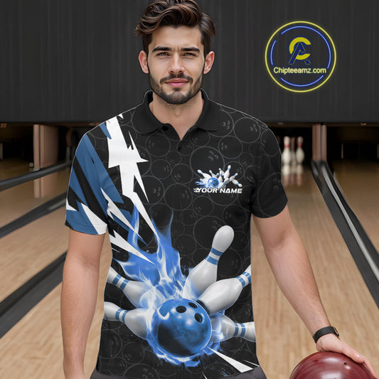Custom Fiery Blue Bowling Men Polo Shirts, Inferno Flame Bowling Team League Shirt IPHW9527