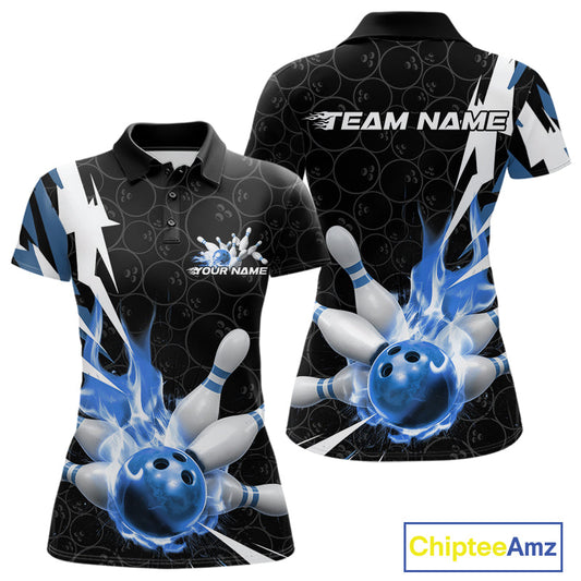 Custom Fiery Blue Bowling Women Polo Shirts, Inferno Flame Bowling Team League Shirt IPHW9527