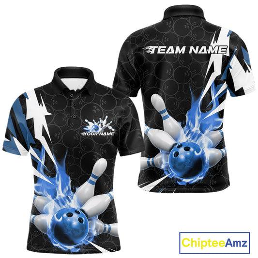 Custom Fiery Blue Bowling Men Polo Shirts, Inferno Flame Bowling Team League Shirt IPHW9527