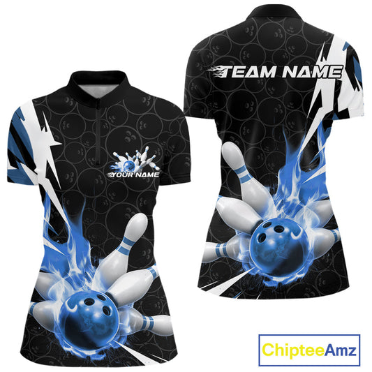 Custom Fiery Blue Bowling Women Quarter-Zip Shirts, Inferno Flame Bowling League Shirt IPHW9527