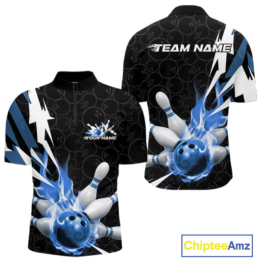 Custom Fiery Blue Bowling Men Quarter-Zip Shirts, Inferno Flame Bowling Team League Shirt IPHW9527