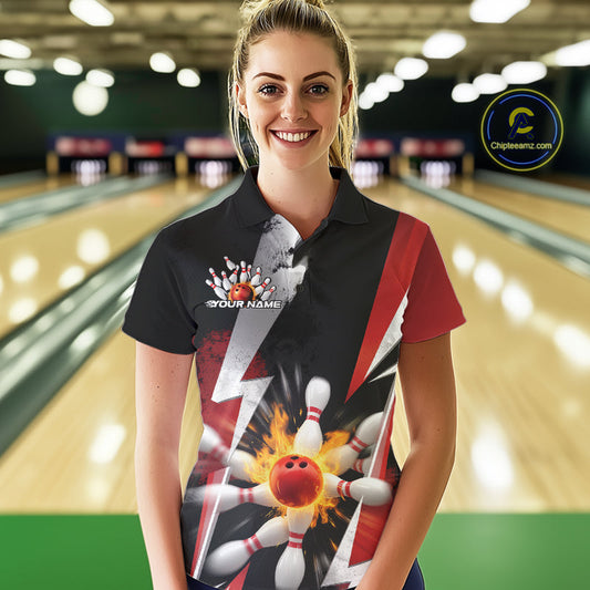 Custom Fiery Red Bowling Women Polo Team Shirts, Fire Flame Bowling Jerseys Bowler Outfit IPHW9529