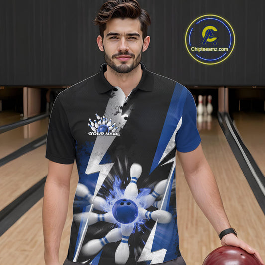 Custom Fiery Blue Bowling Men Polo Team Shirts, Fire Flame Bowling Jerseys Bowler Outfit IPHW9530