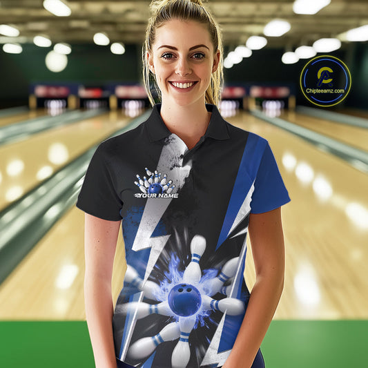 Custom Fiery Blue Bowling Women Polo Team Shirt, Fire Flame Bowling Jerseys Bowler Outfit IPHW9530
