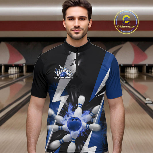 Custom Fiery Blue Bowling Men Quarter-Zip Team Shirts, Fire Flame Bowling Jerseys Bowler Outfit IPHW9530