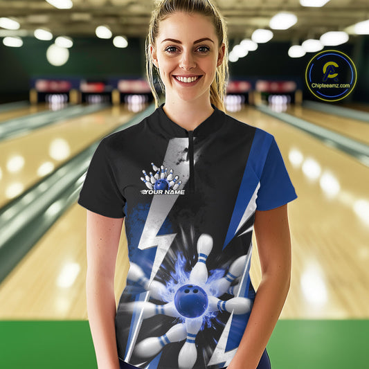 Custom Fiery Blue Bowling Women Quarter-Zip Team Shirts, Fire Flame Bowler Outfit IPHW9530