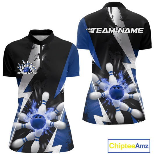 Custom Fiery Blue Bowling Women Quarter-Zip Team Shirts, Fire Flame Bowler Outfit IPHW9530
