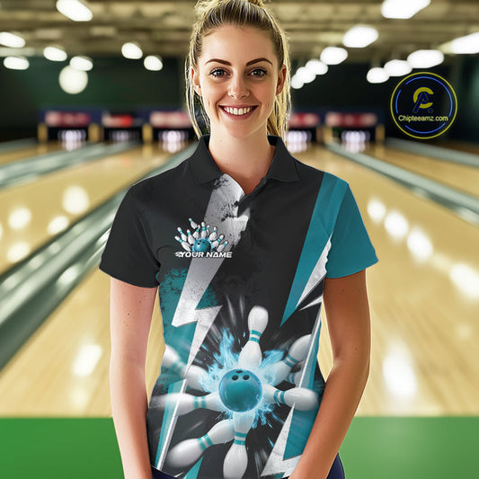 Custom Fiery Turquoise Blue Bowling Women Polo Team Shirt, Flame Bowling Jerseys Outfit IPHW9531
