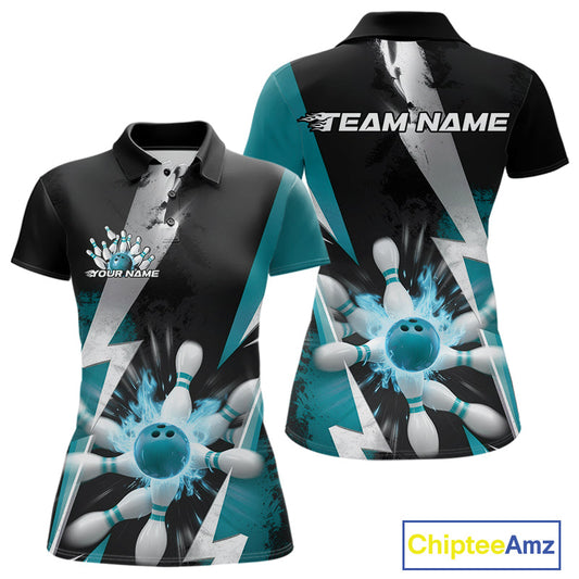 Custom Fiery Turquoise Blue Bowling Women Polo Team Shirt, Flame Bowling Jerseys Outfit IPHW9531