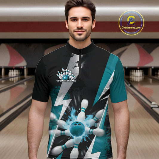 Custom Fiery Turquoise Blue Bowling Men Quarter-Zip Shirts, Flame Bowling Jerseys Bowler Outfit IPHW9531