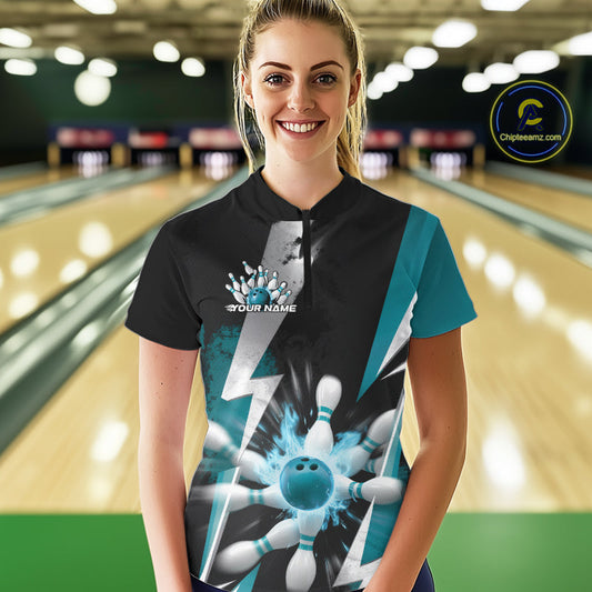 Custom Fiery Turquoise Blue Bowling Women Quarter-Zip Team Shirts, Flame Bowler Outfit IPHW9531
