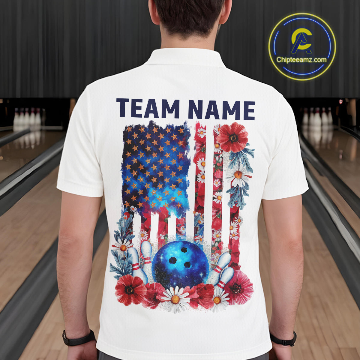 Custom Wild Flower Patriotic US Flag Bowling Polo Shirts For Men, Hippie Bowling Shirt IPHW9753